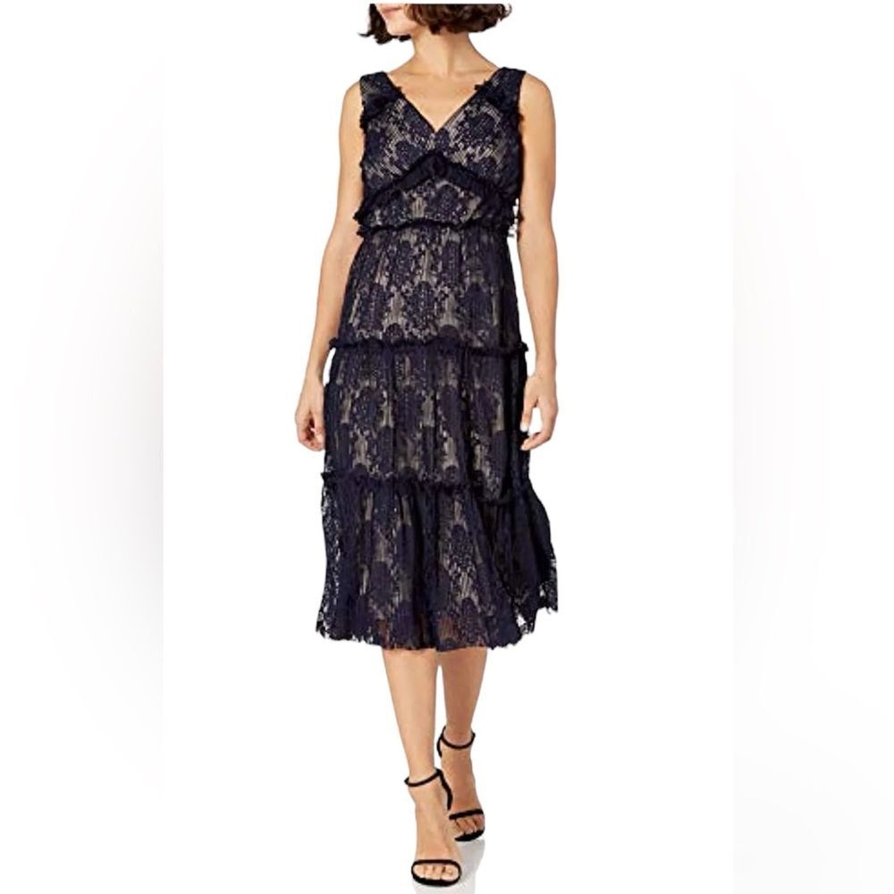 Maggy London Women's Petite Pleat Lace Tiered Cocktail Dress, Galaxy Blue Size 6
